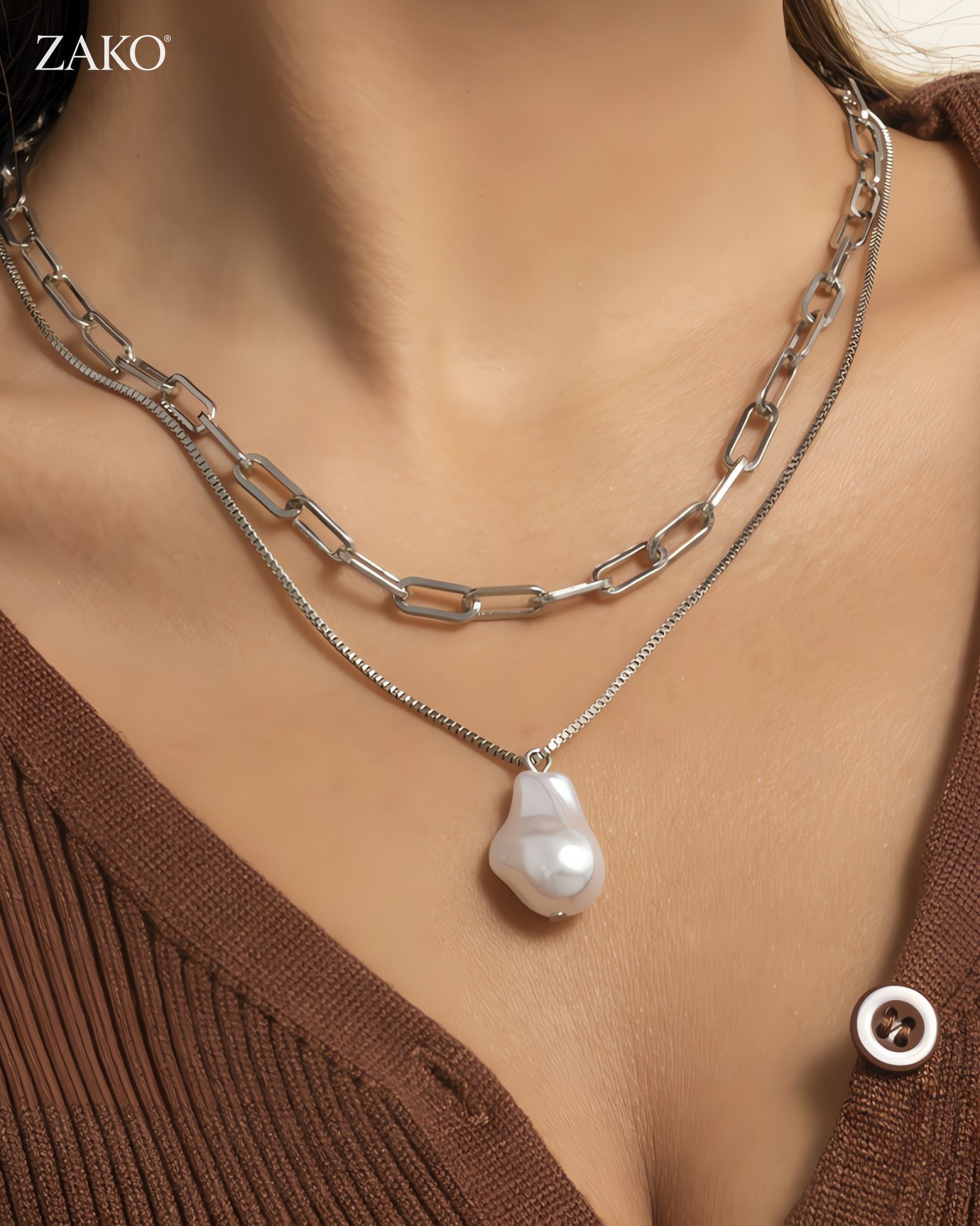 Silver-Tone Pearl Paperclip Necklace - Image 3
