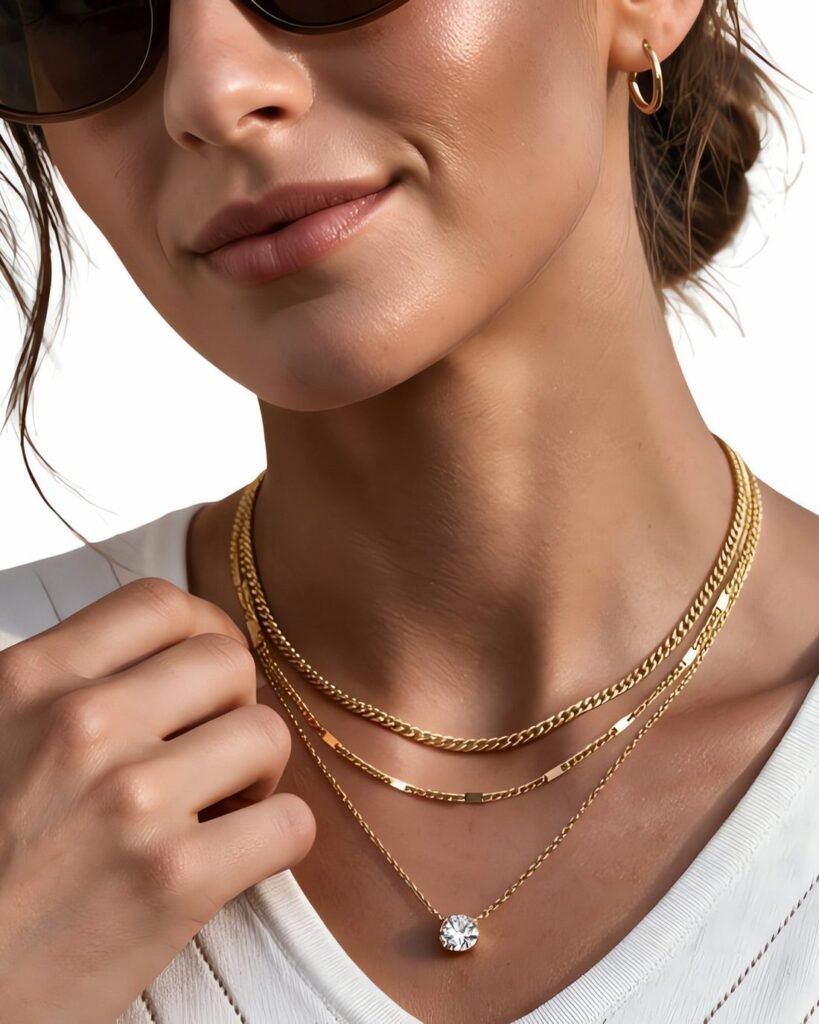 Model wearing layered gold-tone necklaces
