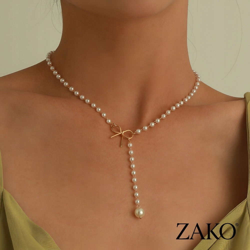 Złoty Naszyjnik z Perłami i Kokardą Różaniec Y-Drop Łańcuszek ZAKO - Image 3