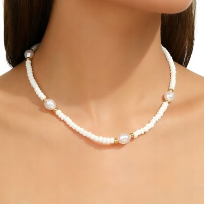 Naszyjnik Koraliki Białe Perła Barokowa Choker Elegancki ZAKO