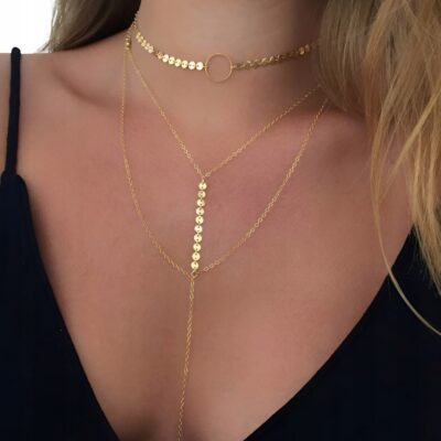 Złoty Komplet 2 Naszyjników Choker Lariat Monety Warstwowy Damski ZAKO