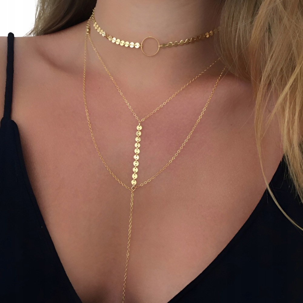 Złoty Komplet 2 Naszyjników Choker Lariat Monety Warstwowy Damski ZAKO