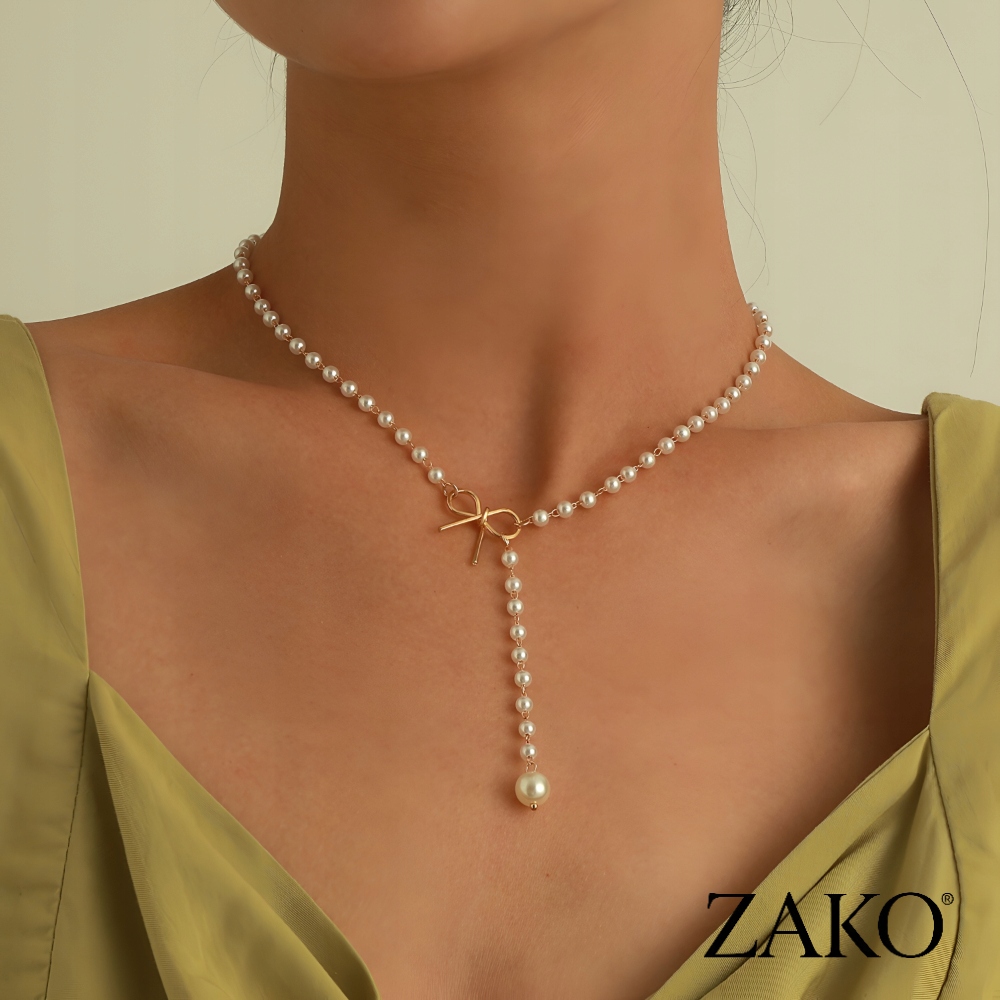 Złoty Naszyjnik z Perłami i Kokardą Różaniec Y-Drop Łańcuszek ZAKO - Image 2